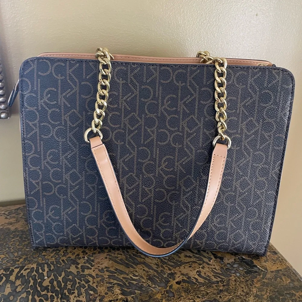 Calvin Klein Navy Monogram Tote with Beige Strap and Gold Chain